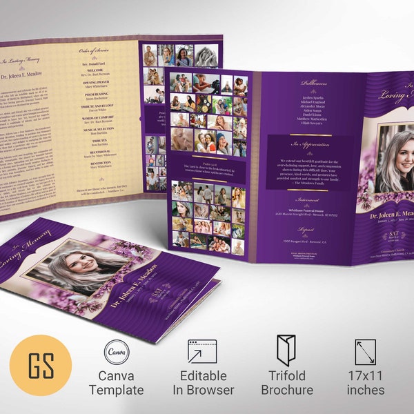 Loving Tabloid Trifold Funeral Program Template, Canva Template, Purple, Celebration of Life, Obituary Program, 11x17 in