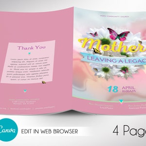 Mothers Day Program Template for Canva has 4 Pages. It features a  pink, yellow and blue background with butterflies, flowers, and beautiful typography. The Print Size of 11x8.5 inches is Bi-fold to 5.5x8.5 inches. For Mothers Day Banquet Program