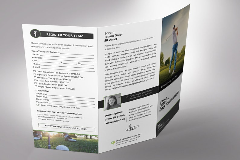 Charity Golf Tournament Brochure Word Template is designed with a classic golf theme of Green, black and white colors. Print Size: 11x8.5 inches, Tri-fold Size: 3.65x8.5 inches is for charity golf tournaments and tee-off games.