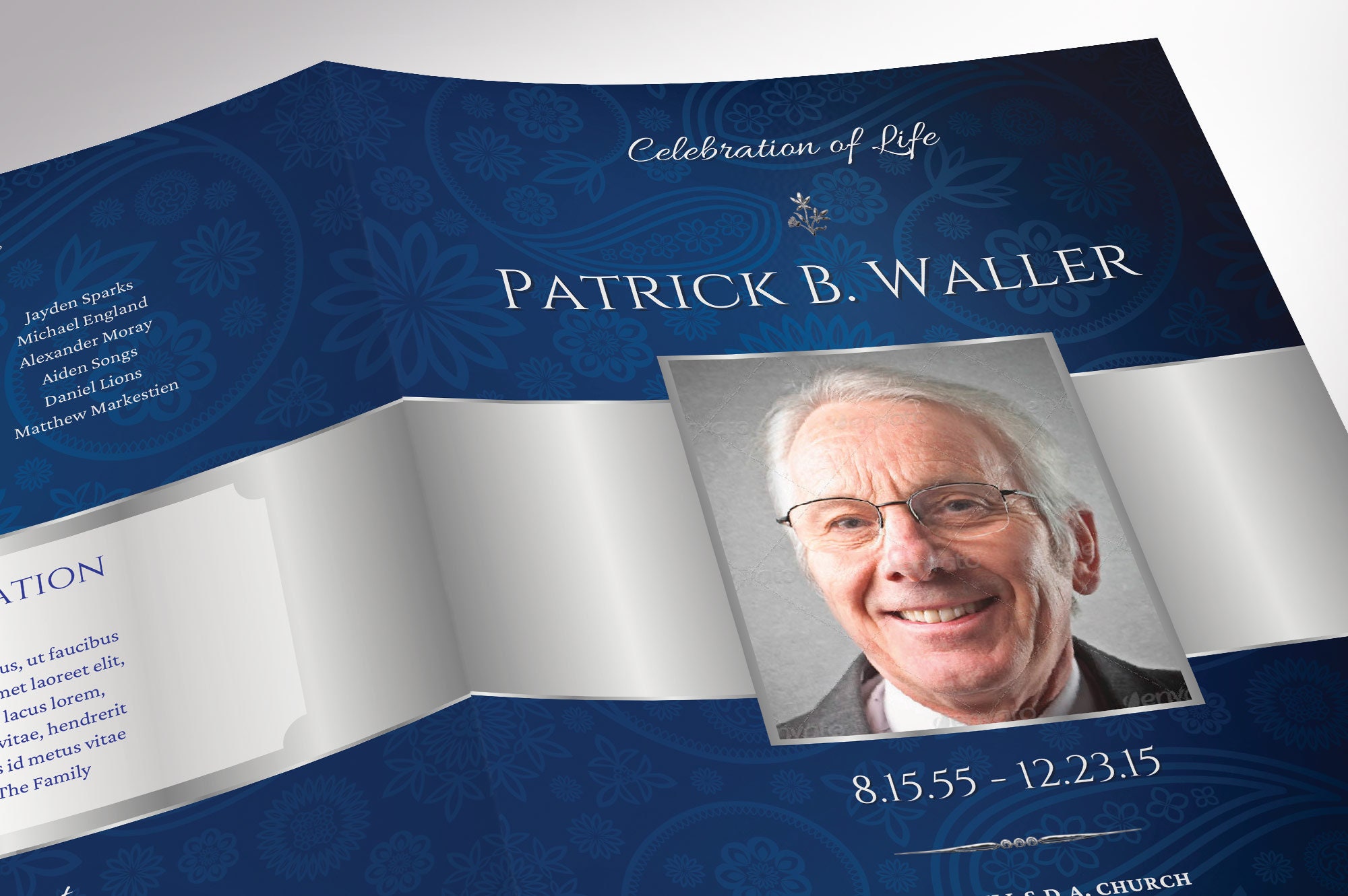 Congress Blue & Silver Funeral Program Template for Canva: 8-page ...