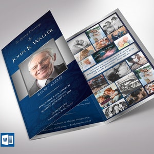 Conjunto de plantillas para programa funerario tríptico azul plateado, Word y editor V2, celebración de la vida, plantilla de obituario para hombres, tamaño 11 x 8,5 pulgadas
