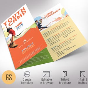 May include: A tri-fold brochure for a youth camp, with an orange and white design. It displays the text "YOUTH CAMP" and "MAR 21-28 2025." The brochure includes a camp itinerary and details about the Trinity Youth Group.