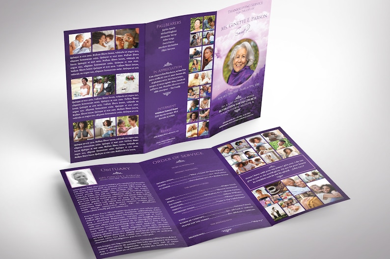 Purple Sky Funeral Program Legal Trifold Template for Canva features a purple flourishing landscape with beautiful ornaments, doves, and a pink sky. It is a Legal Size (Print Size 14x8.5 inches) and it Trifold to 4.75x8.5 inches.