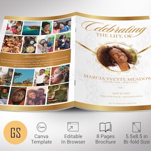 Plantilla de Canva para programa funerario de la victoria, blanco y dorado, celebración digital de la vida, obituario de una mujer, formato carta de 8 páginas, 14 x 21 cm
