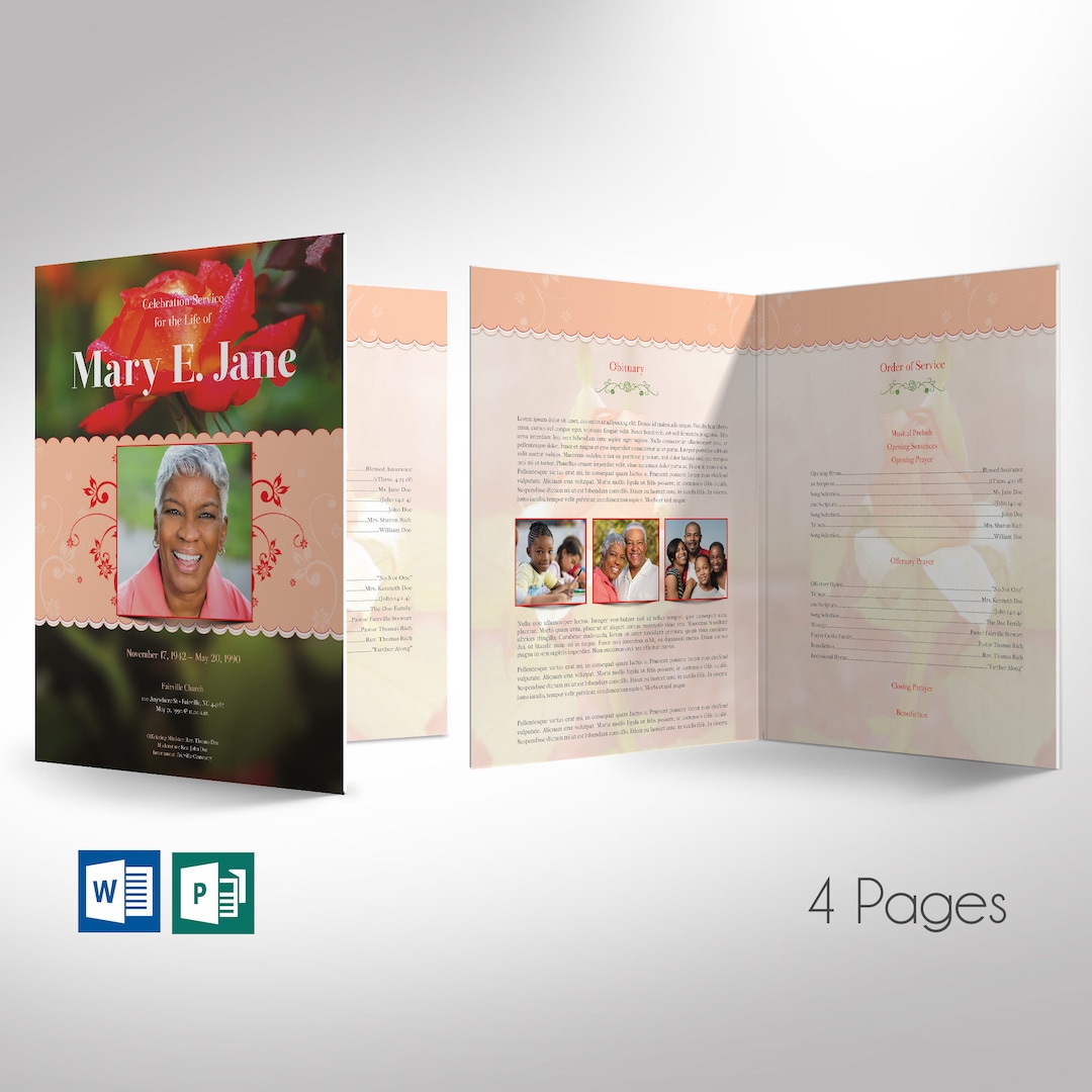 Orange Tabloid Funeral Program Template Set, Word and Publisher, Red ...