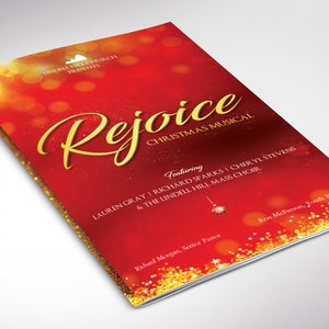 May include: A red and gold program for a Christmas musical titled "Rejoice" featuring Lauren Gray, Richard Sparks, Cheryl Stevens, and the Lindell Hill Mass Choir. The program also includes the names of the Senior Pastor, Richard Morgan, and the Youth Pastor, Ron McFerson.