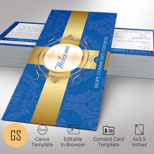 Church Connect-kaartsjabloon voor canvas, blauw goud, vintage bezoekerskaart, outreach to New Here Guest, 2 zijden, snijgrootte 6,5 x 3,25 inch