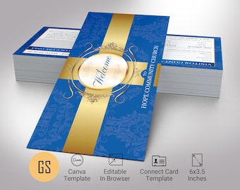 Church Connect Card Canva Template: Blue & Gold Visitor Welcome (Digital Download 6.5x3.25")