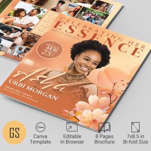 Könnte beinhalten: Eine 8-seitige Trauerbroschüre mit einem pfirsichfarbenen Hintergrund und floralem Design. Die Broschüre zeigt ein Foto einer Frau mit dem Text "Celebrating Her Essence" und "Asha Urbi Morgan" in brauner Schrift. Das Datum "Friday Aug 25th" ist ebenfalls enthalten.