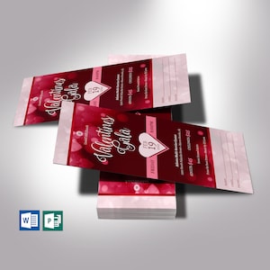 Rot rosa Valentinstag Gala Ticket Vorlagenset, Word und Verlag, rote Herzen, Bankett, bearbeitbare druckbare digitaler Download, 3x7 Zoll