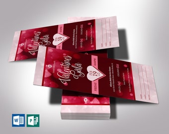 Red Pink Valentines Day Gala Ticket Template, Word Template, Publisher, Banquet Ticket, Size 3x7 inches