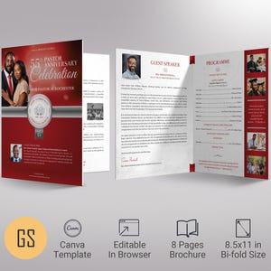 Pastor Anniversary Program: Red & Silver Church Celebration (Canva Template)