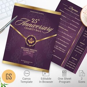 Könnte beinhalten: Eine violette und goldene Vorlage für ein Programm zum 25-jährigen Jubiläums-Wohltätigkeitsball mit eleganter Schreibschrift, einem zentralen runden Emblem mit Händen und dem Schriftzug Building Bridges Saving Lives. Verziert mit Ornamenten und Goldrändern.