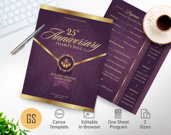 Vintage Purple Gold Anniversary Program Canva Template 8.5x11 Church Gala One Sheet
