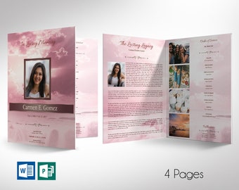 Pink Forever Funeral Program Large Template for Word and Publisher | 4 Pages | Bi-fold to 8.5x11 inches