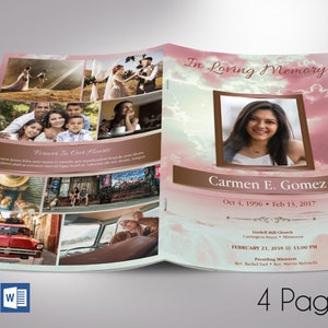 May include: A pink and white memorial booklet with a photo of a woman and the text "In Loving Memory Carmen E. Gomez Oct 4, 1996 - Feb 13, 2017 Lindell Hill Church Carrington Street - Manawata FEBRUARY 21, 2018 @ 11:00 PM Presiding Ministers Rev. Rachel Yaci - Rev. Marvin Melendez 4 Pages"