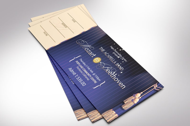 Musical Event Ticket Template Blue Gold, Word Template, Publisher V1, Blue Beige, Concert Ticket, Church Event, 6x2 in image 7
