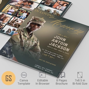May include: A green and gold 8-page funeral program brochure with a photo of a man in military uniform. The text reads "In Loving Memory John Antoin Jackson Sept 5, 1950 - Mar 14, 2023" and "For to me to live is Christ and to die is gain. Phil 1:21".