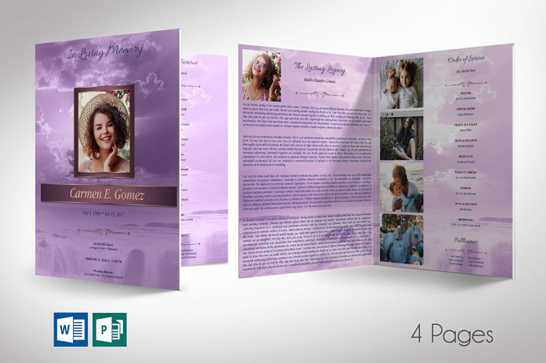 Purple Forever Funeral Program Large Template Word Template, Publisher V1 Celebration of Life 4 Pages 11x17 in image 1