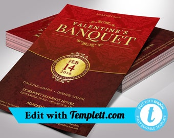 Red Valentines Day Banquet Flyer Template for Templett | Church Anniversary, Fundraiser events | 5.5x8.5 inches