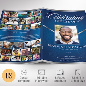 Plantilla de programa funerario en azul y plata, Canva, Victoria, Celebración de la vida, Memorial, Plantilla de obituario para hombres, Editable, 8 páginas, 5,5 x 8,5"