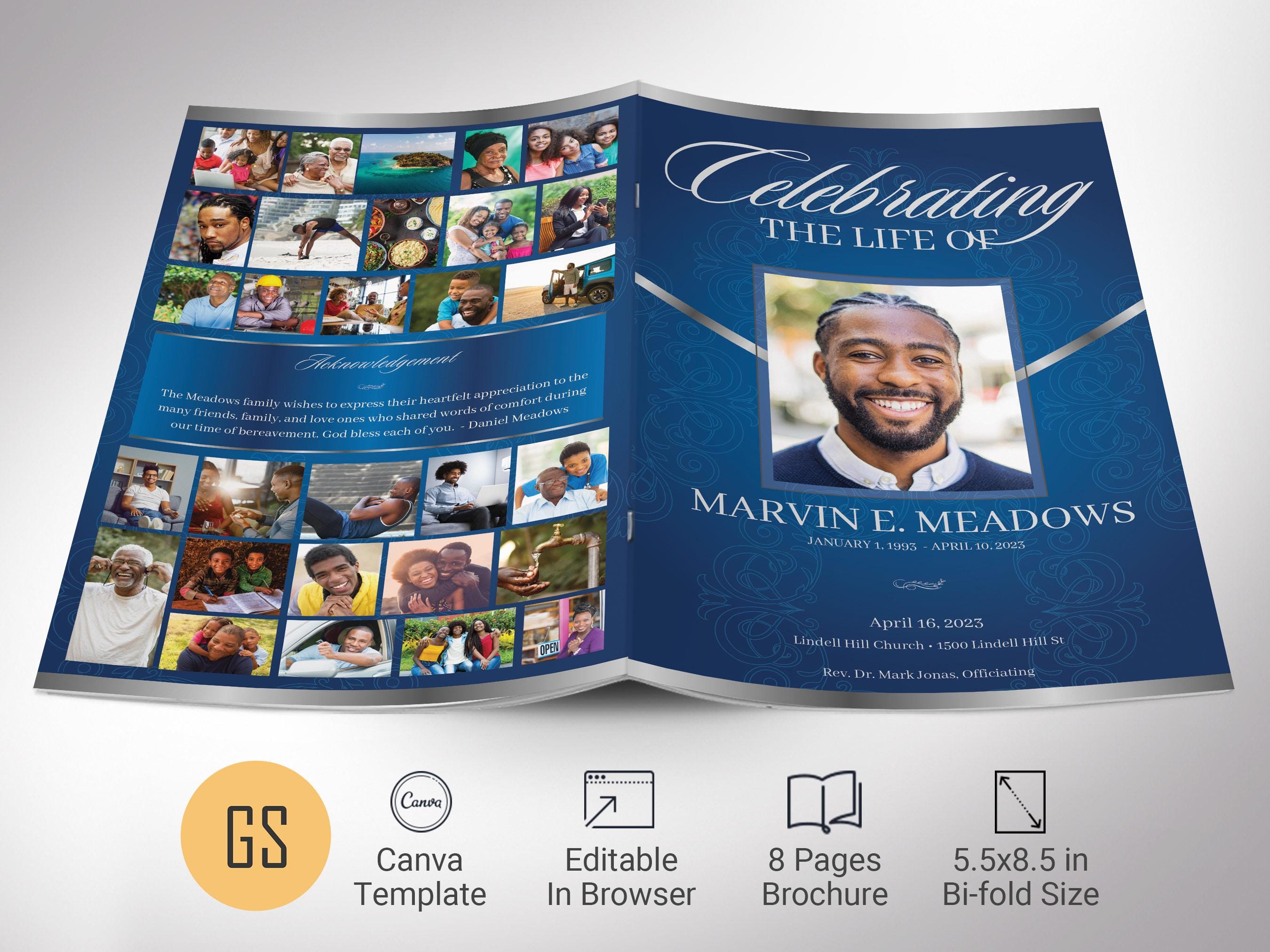 Blue Silver Funeral Program Template | Canva: Victory 8-page