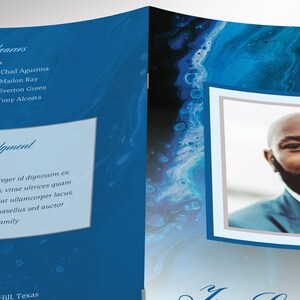 Close-up of bi-fold brochure. A modern Celebration of Life bi-fold brochure that has blue and brown decals laid over a decorative blue marble background. The Print Size of 11x8.5 inches is Bi-fold to 5.5x8.5 inches.