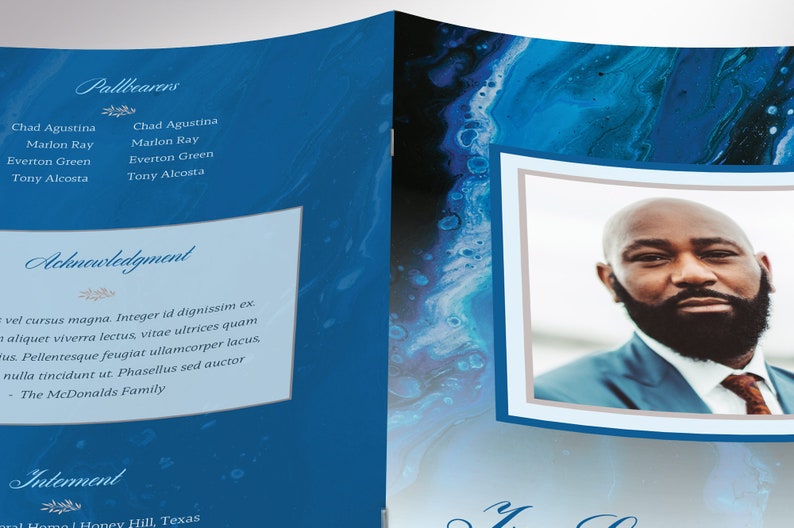 Close-up of bi-fold brochure. A modern Celebration of Life bi-fold brochure that has blue and brown decals laid over a decorative blue marble background. The Print Size of 11x8.5 inches is Bi-fold to 5.5x8.5 inches.