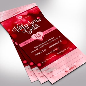 Red Hearts Valentines Day Gala Ticket Template for Templett dot com is size 3x7 inches. It features red heart background sprinkled with pink for Valentine's Day fundraising events. Perfect for churches and non-profit organizations.