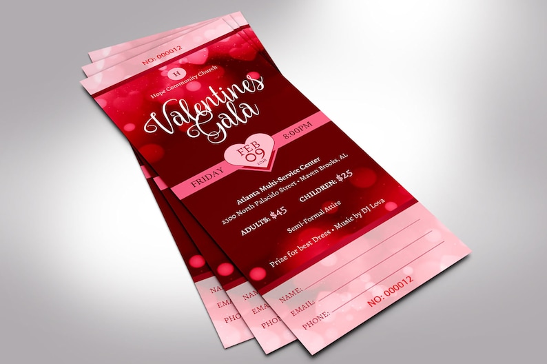 Red Hearts Valentines Day Gala Ticket Template for Templett dot com is size 3x7 inches. It features red heart background sprinkled with pink for Valentine's Day fundraising events. Perfect for churches and non-profit organizations.