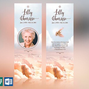 Heaven Memorial Bookmark Template for Word and Publisher is 2.5x7.75 inches. The beige, pink, and blue sunrise background with a praying hand and a dove makes this a great funeral keepsake to remember your loved one. The memory card is designed for