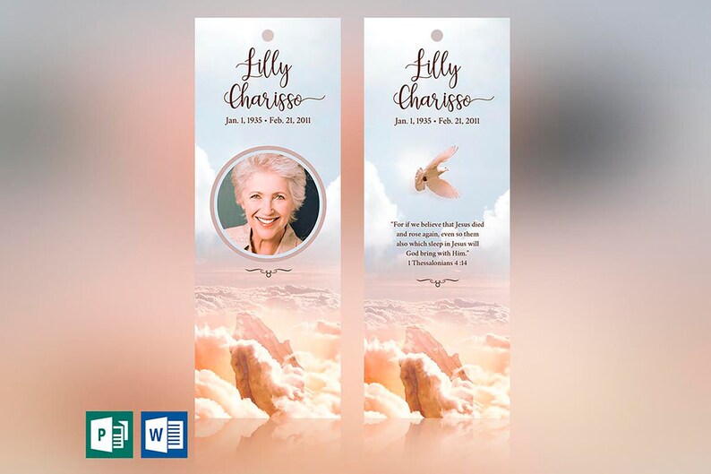 Heaven Memorial Bookmark Template for Word and Publisher is 2.5x7.75 inches. The beige, pink, and blue sunrise background with a praying hand and a dove makes this a great funeral keepsake to remember your loved one. The memory card is designed for