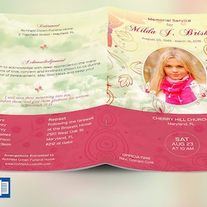 May include: A pink and white floral memorial service program for Milda F. Brishett. The program includes the date and time of the service, the location of the service, and the names of the pallbearers. The program also includes a photo of Milda.