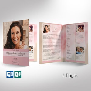 Glamour Tabloid Funeral Program Template for Word and Publisher has 4 Pages. It uses soft pink and white colors and transparency for an elegant theme. The Tabloid Print Size of 17x11 inches is Bi-Fold to 8.5x11 inches. The celebration of life bi-fold