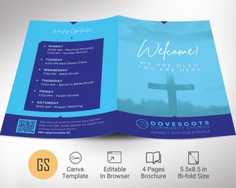 Modern Church Welcome Brochure Template for Canva - Cyan Blue | Church Outreach, New Guest Book | 4 Pages | 5.5x8.5 inch