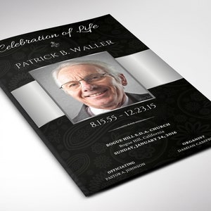 May include: Black and white funeral program with a silver ribbon and a photo of a man. The program includes the text "Celebration of Life", "Patrick B. Waller", "8.15.55 - 12.23.15", "Bogue Hills S.D.A. Church", "Bogue Hill, California", "Sunday, January 24, 2016", "Officiating Pastor A. Johnson", and "Organist Damian Campbell".