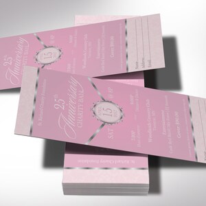 Pink Silver Anniversary Gala Ticket Template for Canva has 4 Sizes, 2x5.5, 2x6, 3x7, and 3.5 x 8.5 inches. It features a pink background with silver decals. The banquet ticket template is for any anniversary fundraiser event that has an elegant theme