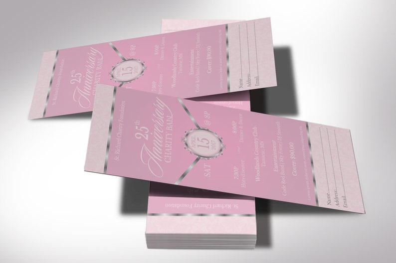 Pink Silver Anniversary Gala Ticket Template for Canva has 4 Sizes, 2x5.5, 2x6, 3x7, and 3.5 x 8.5 inches. It features a pink background with silver decals. The banquet ticket template is for any anniversary fundraiser event that has an elegant theme