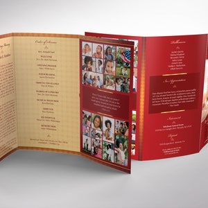 Loving Legal Trifold Funeral Program Template for Canva features gold decals and text style laid over a decorative red and golden background. The legal Print Size of 14x8.5 inches is Trifold to 4.75x8.5 inches. The celebration of life trifold program