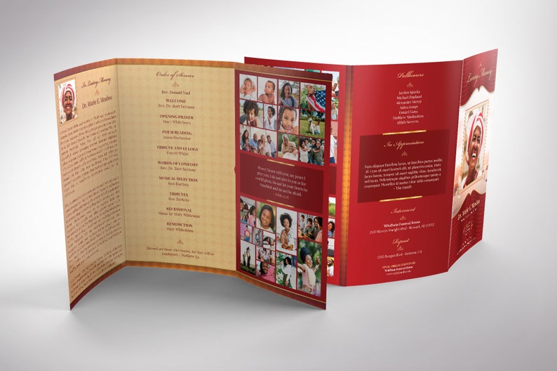 Loving Legal Trifold Funeral Program Template for Canva features gold decals and text style laid over a decorative red and golden background. The legal Print Size of 14x8.5 inches is Trifold to 4.75x8.5 inches. The celebration of life trifold program