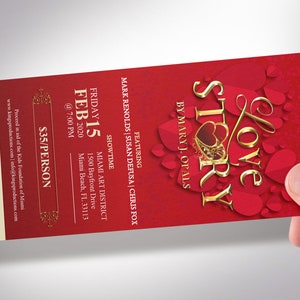 Valentines Day Love Story Ticket Template for Word and Publisher is Size 3x7 inches. It is created with red hearts, red background, and a golden title. Great for any Valentine's Day performance art event like plays, operas, musicals, short movies