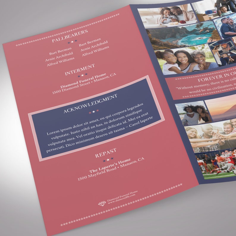 American Military Legal Trifold Funeral Program Template for Word and Publisher V1 features the symbolic and patriotic  Red, White, and Blue colors of the American Flag. The Legal Print Size of 14x8.5 inches is Trifold to 4.75x8.5 inches.