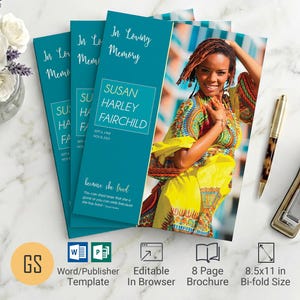 Mall för begravningsprogram i Teal Nature | Word & Publisher: 8-sidig dödsannons med dubbelviktsmotiv (8,5x11) digital nedladdning