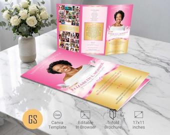 Plantilla de programa funerario Pink Ribbon para Canva: obituario conmemorativo en formato tríptico (11 x 17) descarga digital