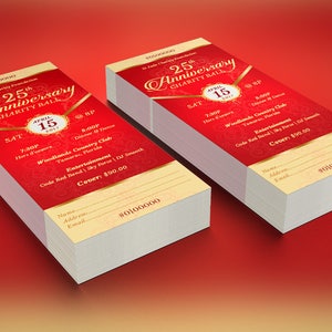 Red Gold Anniversary Banquet Ticket Template for Word and Publisher is 3x7 inches.  It features a deep red background and is highlighted with gold. Sections are included for perforation and numbering. This anniversary banquet ticket is for events