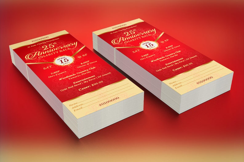 Red Gold Anniversary Banquet Ticket Template for Word and Publisher is 3x7 inches.  It features a deep red background and is highlighted with gold. Sections are included for perforation and numbering. This anniversary banquet ticket is for events