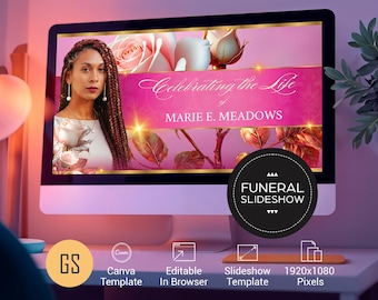 Pink & Rose Funeral Slideshow Template Canva Memorial Video 32 Slide Celebration of Life MP4