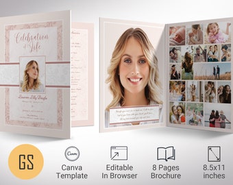 Tabloid Funeral Program Template, Rose Gold, Canva Template | Celebration of Life, Obituary Program | 8 Pages | 11x17 in