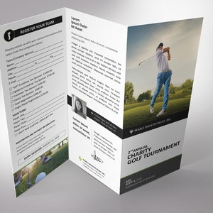 Charity Golf Tournament Brochure Word Template is designed with a classic golf theme of Green, black and white colors. Print Size: 11x8.5 inches, Tri-fold Size: 3.65x8.5 inches is for charity golf tournaments and tee-off games.