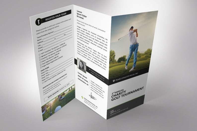 Charity Golf Tournament Brochure Word Template is designed with a classic golf theme of Green, black and white colors. Print Size: 11x8.5 inches, Tri-fold Size: 3.65x8.5 inches is for charity golf tournaments and tee-off games.